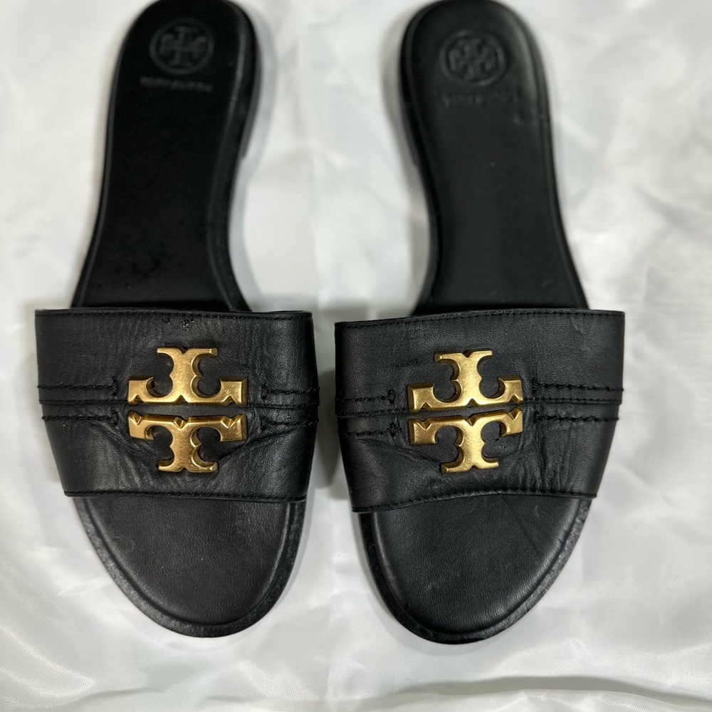 Tory Burch Black/gold leather Women's Slides sz8 worn once